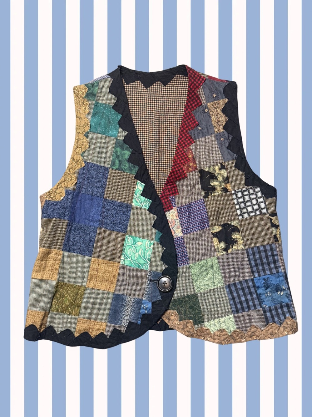 Handmade Patchwork Quilted Vest in Multicolor Plaid Size L Cottage Core